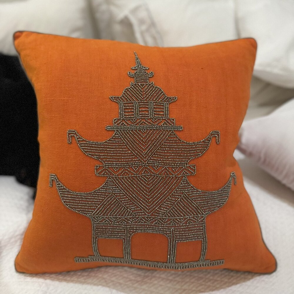 Vintage Jonathan Adler Pale Orange Gold Beaded Pagoda Pillow